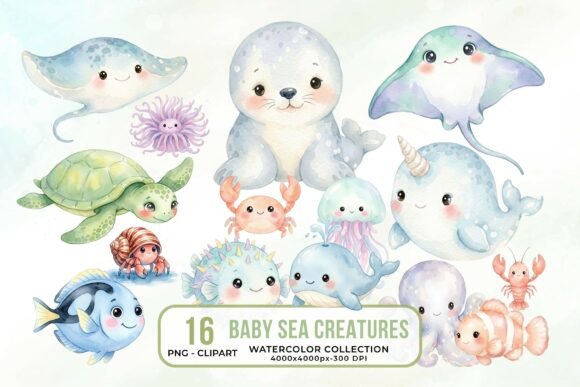 Download Baby Sea Creatures Watercolor Clipart - Premium Resources